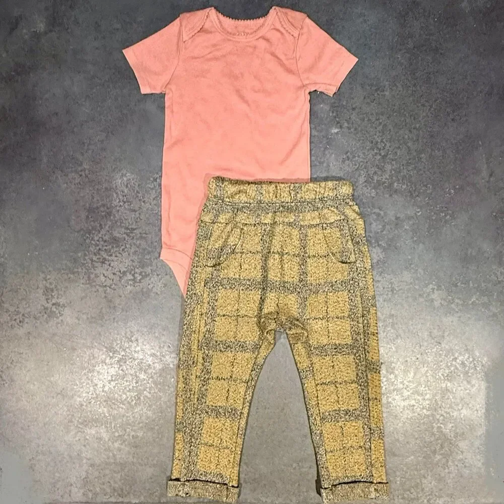Zara Baby 18M Textured Plaid Knit Pants Brown Tan Pull On Cozy